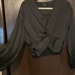 Dynamite Black Silk Wrap Balloon Sleeve Blouse